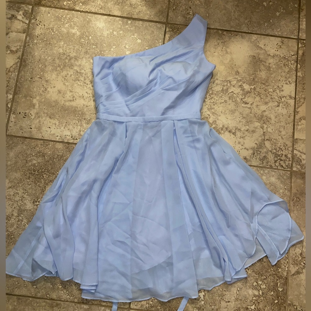 Baby blue/lavender, built in bra, One Shoulder, Chiffon, corset back closure